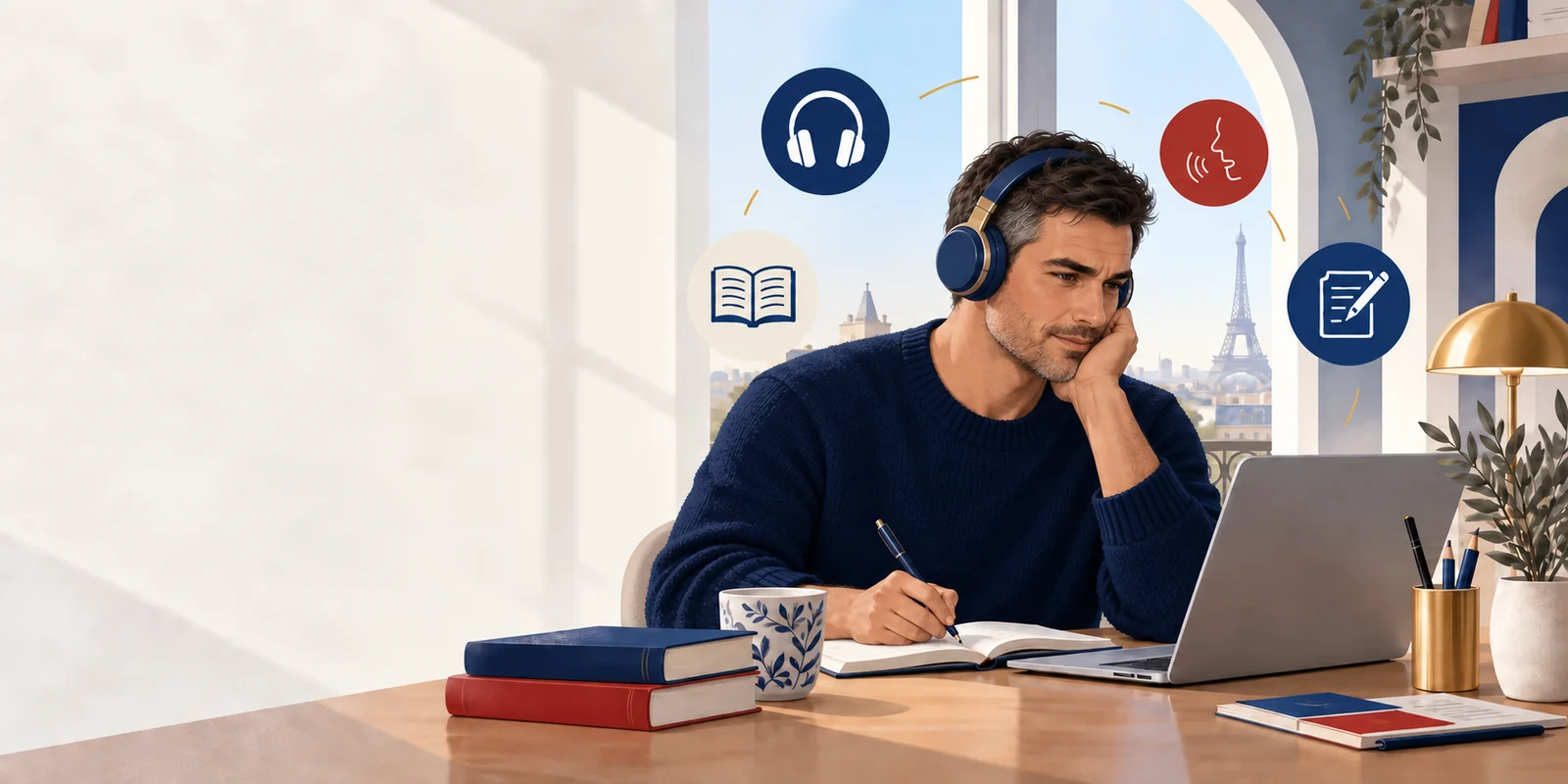 Alumno adulto en una clase online de preparación SLP de francés